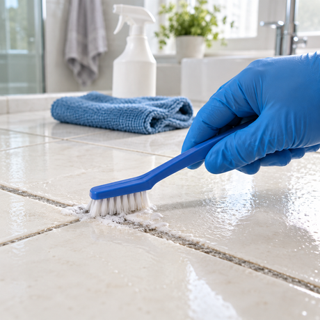 Fliesenfugen mit einer Fugenbürste reinigen