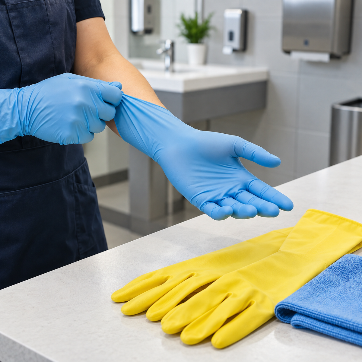 Anziehen eines Nitrilhandschuhs neben wiederverwendbaren Reinigungshandschuhen