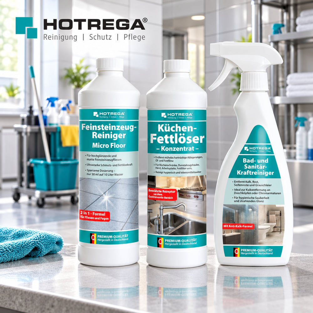 HOTREGA: Micro Floor, Küchen-Fettlöser sowie Bad- und Sanitär-Kraftreiniger mit Herstellerlogo