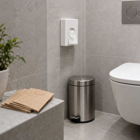 Hygienebeutelspender und geschlossener Abfallbehälter neben einer Toilette