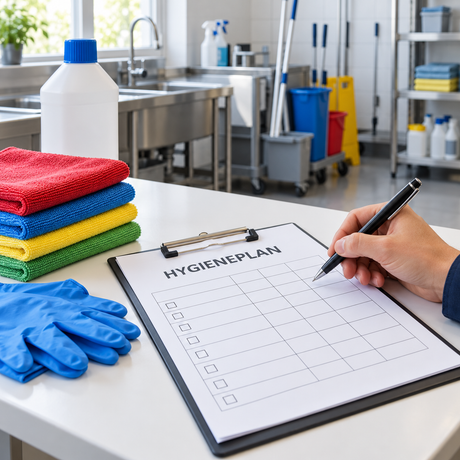 Hygieneplan mit Reinigungsutensilien und farbcodierten Mikrofasertüchern