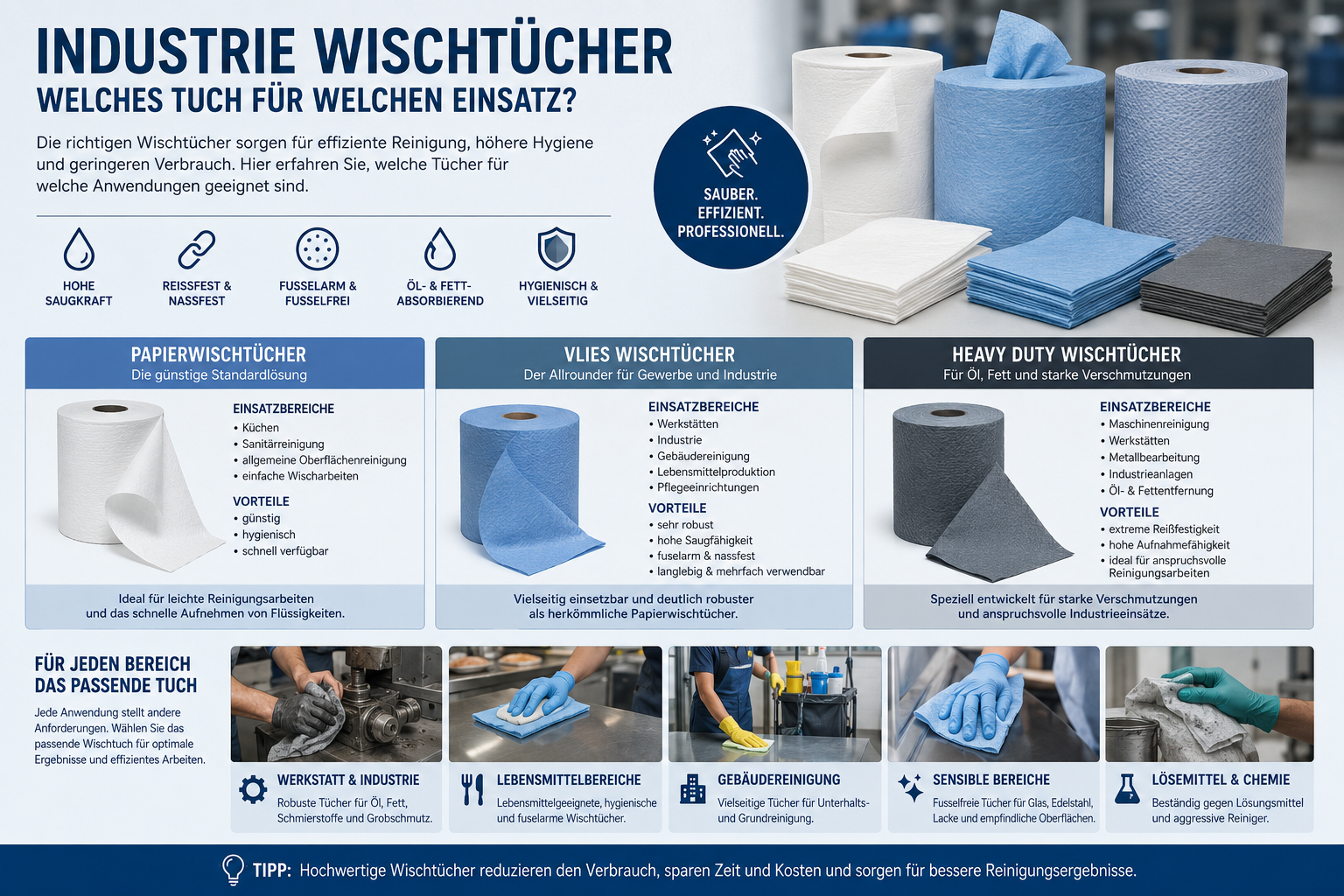 Industrie Wischtücher einfach erklärt – Welche Wischtücher eignen sich für welchen Einsatz?