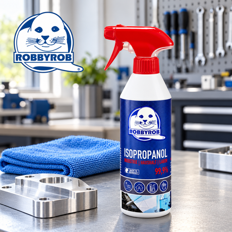 ROBBYROB Isopropanol Reinigungsalkohol auf einer Werkbank