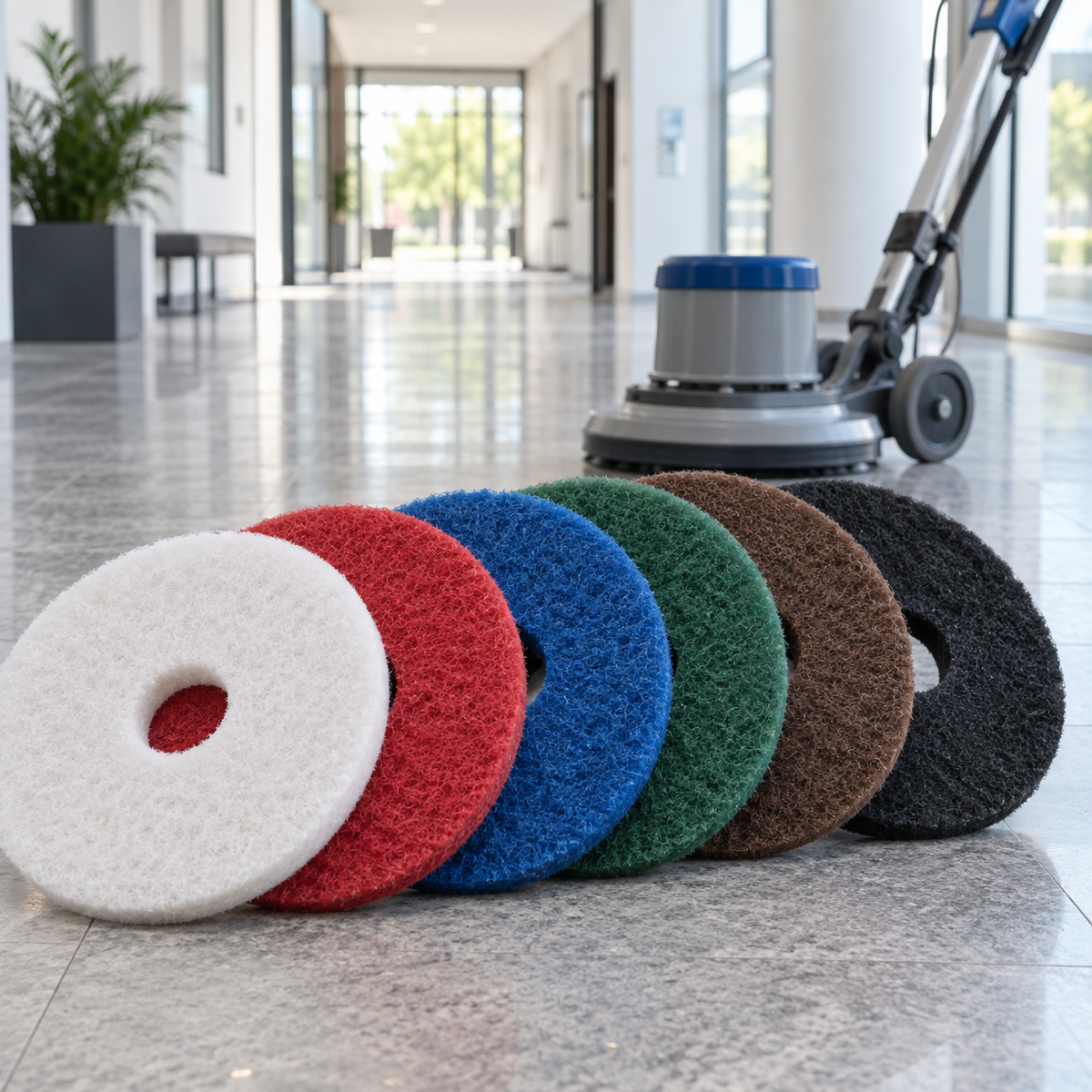 Maschinenpads in Weiß, Rot, Blau, Grün, Braun und Schwarz vor einer Einscheibenmaschine