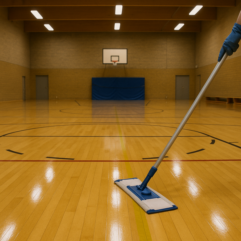 Eine Sporthalle mit einem Wischmopp. 