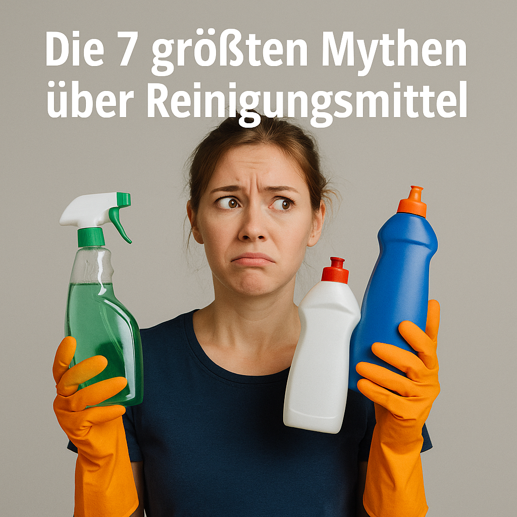 Eine Frau hält Reinigungsmittel Flaschen in der Hand und erklärt 7 Mythen über Reinigungsmittel