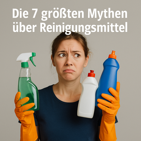 Eine Frau hält Reinigungsmittel Flaschen in der Hand und erklärt 7 Mythen über Reinigungsmittel