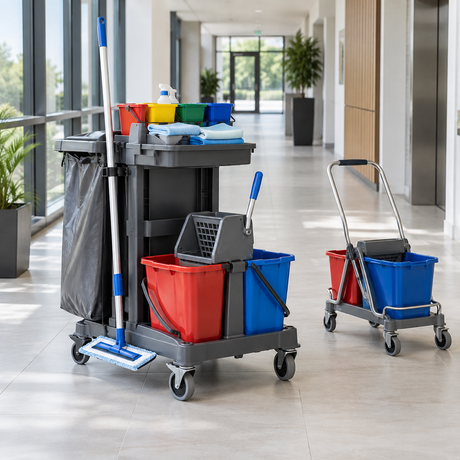 Systemwagen und Doppelfahreimer mit Zubehör für die professionelle Reinigung