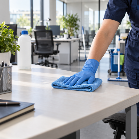 Unterhaltsreinigung im Büro mit Mikrofasertuch und Reinigungshandschuh