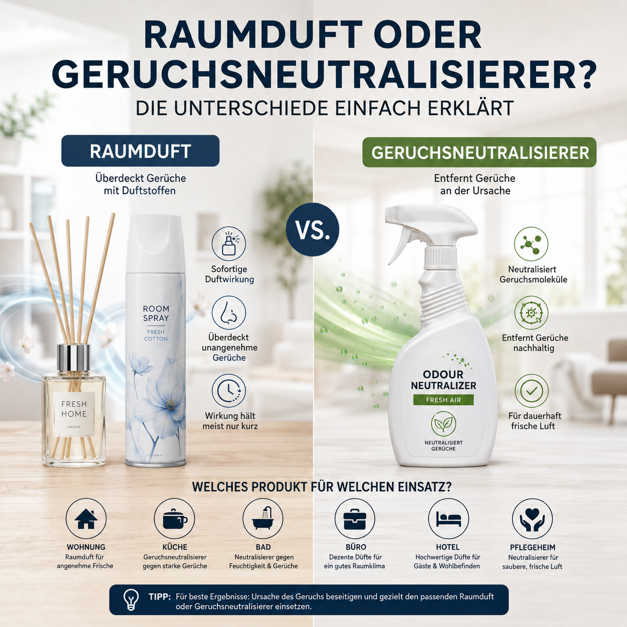 Raumduft oder Geruchsneutralisierer? Die wichtigsten Unterschiede einfach erklärt