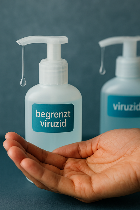Eine Flasche Desinfektionsmittel für die Hände. Es tropft etwas Desinfektionsmittel auf die Hände