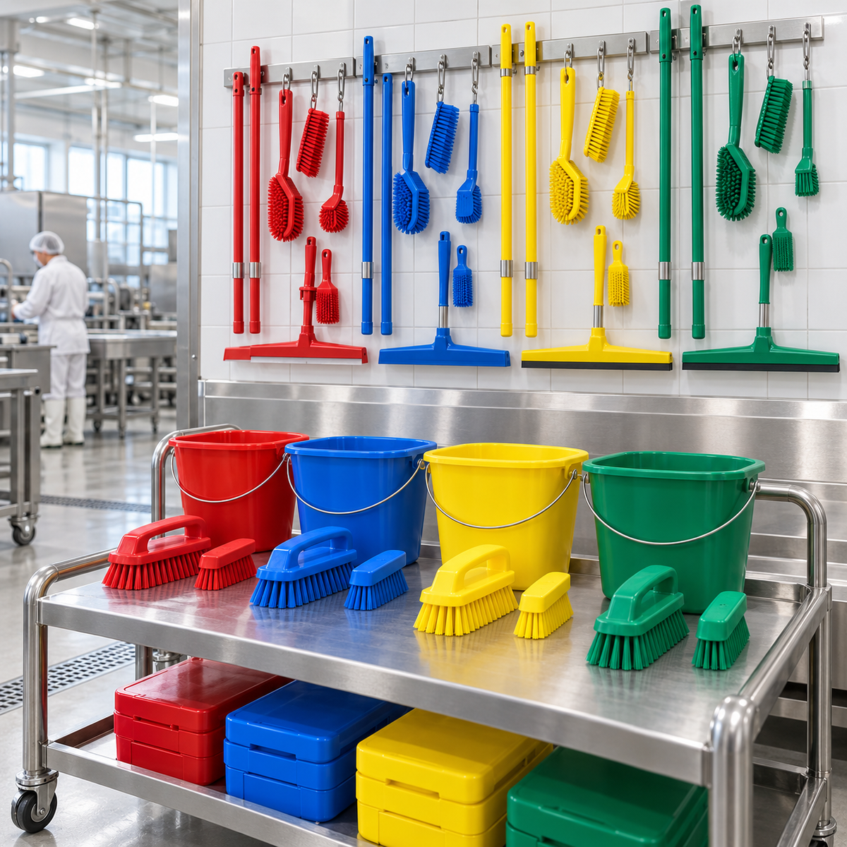 Farbcodierte Bürsten, Eimer und Bodenschieber für die hygienische Reinigung