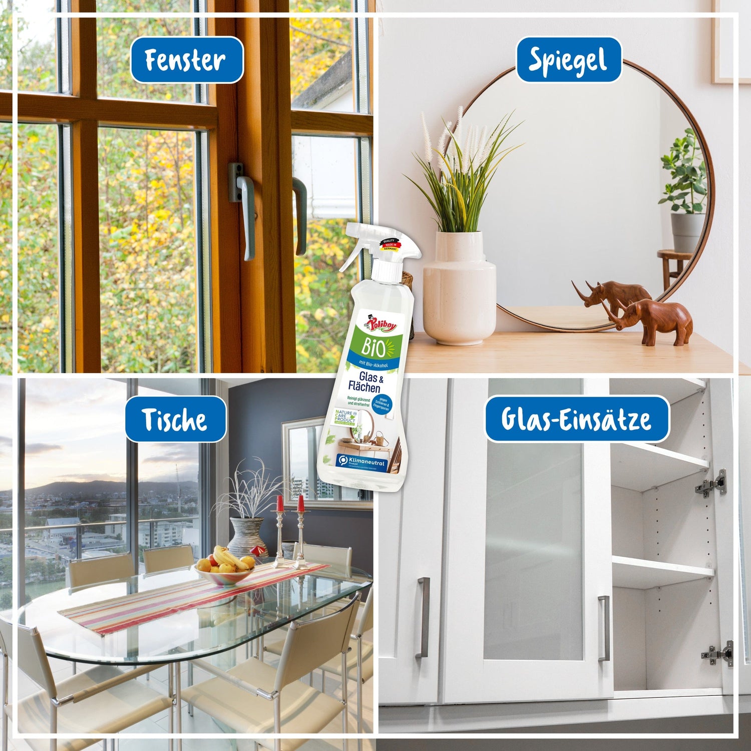 Poliboy Bio Glas & Flächen Reiniger für Fenster, Spiegel, Tische und Glaseinsätze, umweltfreundliche Reinigung mit Bio-Alkohol.