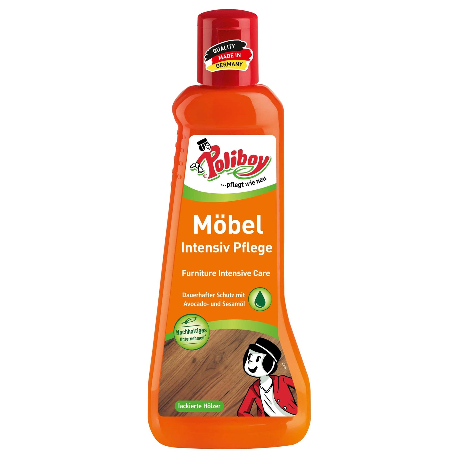 Poliboy Möbel Intensiv Pflege, Made in Germany, Reiniger für lackierte Holzoberflächen in orangefarbener Flasche.
