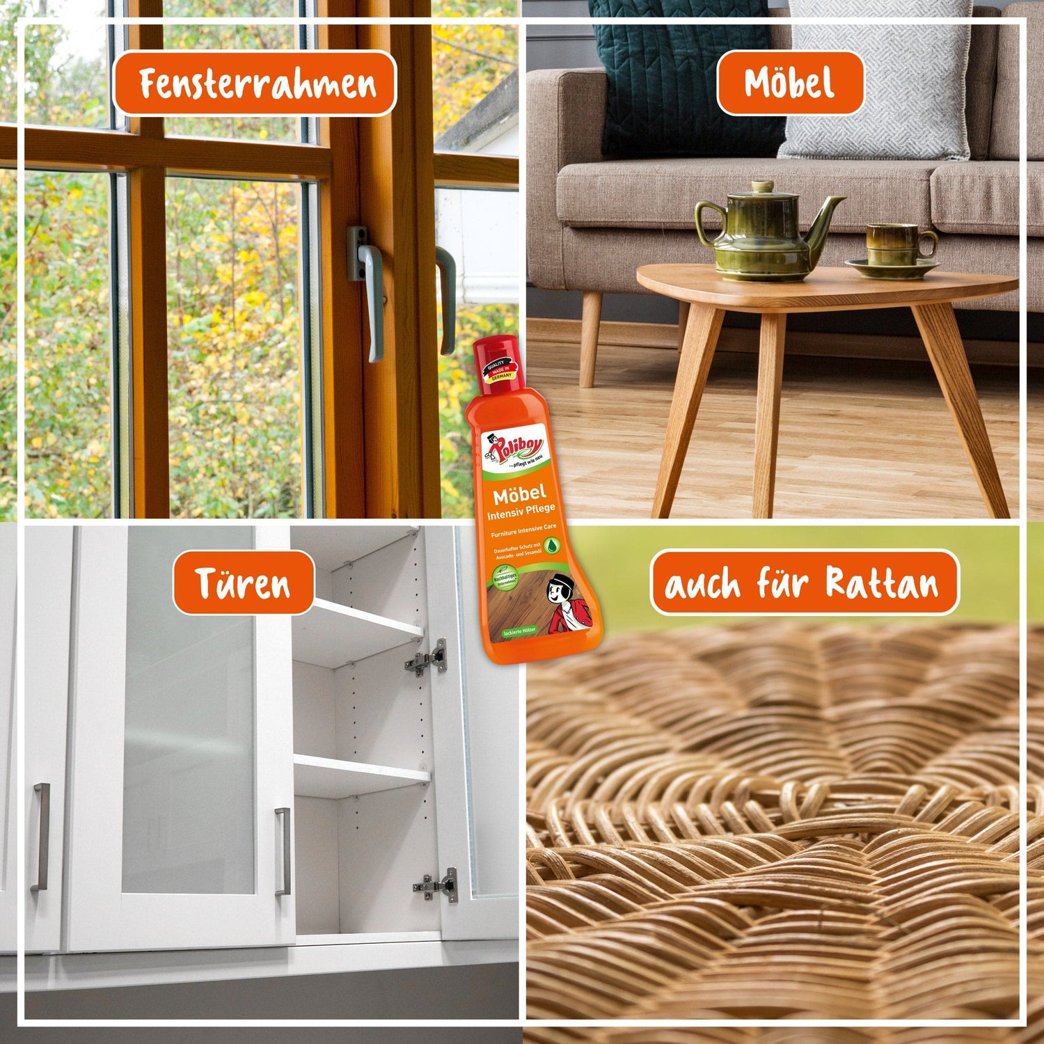 Poliboy Möbel Intensiv Pflege für Fensterrahmen, Möbel, Türen und Rattan, zeigt die Vielfalt der Reinigungsanwendung.