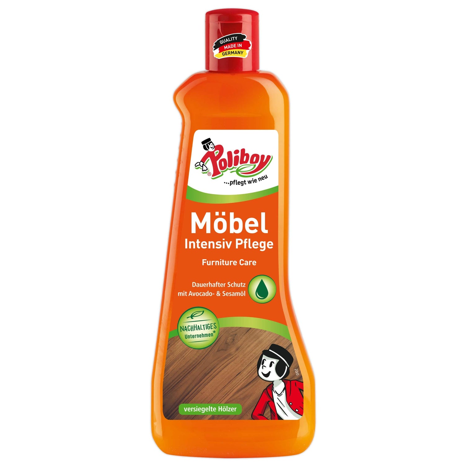 Poliboy Möbel Intensiv Pflege Flasche, ideal für Reinigung und Schutz von Holzoberflächen mit Avocado- und Sesam-Öl.