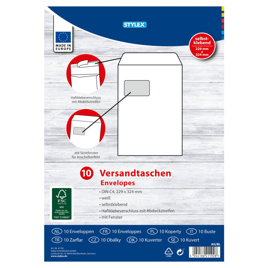 Versandtaschen DIN C4 haftklebend, mit Fenster
