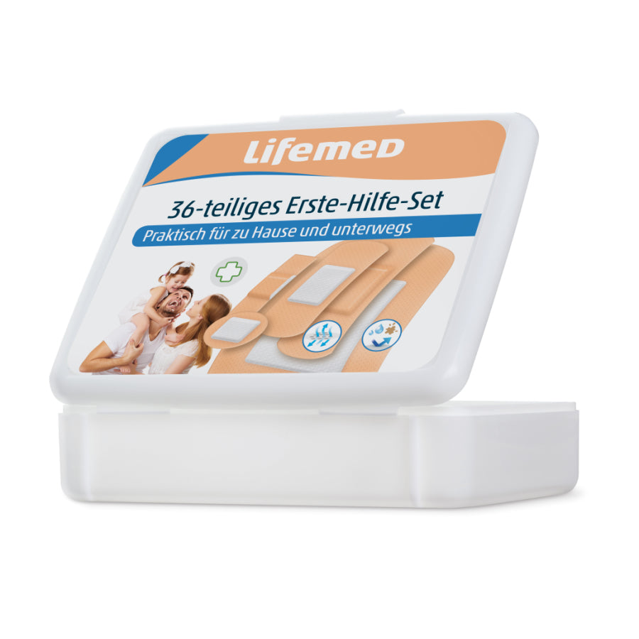 Erste-Hilfe-Set 36-teilig, geöffnete Kunststoffbox