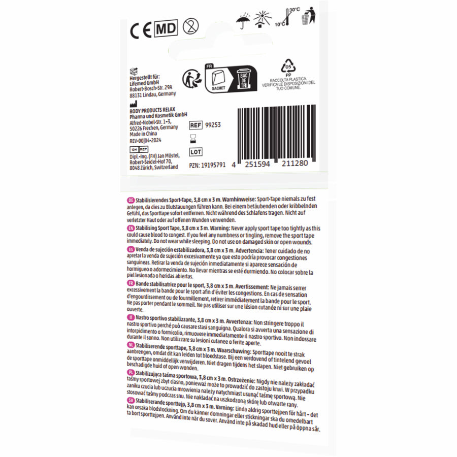 Sport-Tape, Verpackungsrückseite mit Anwendungshinweisen