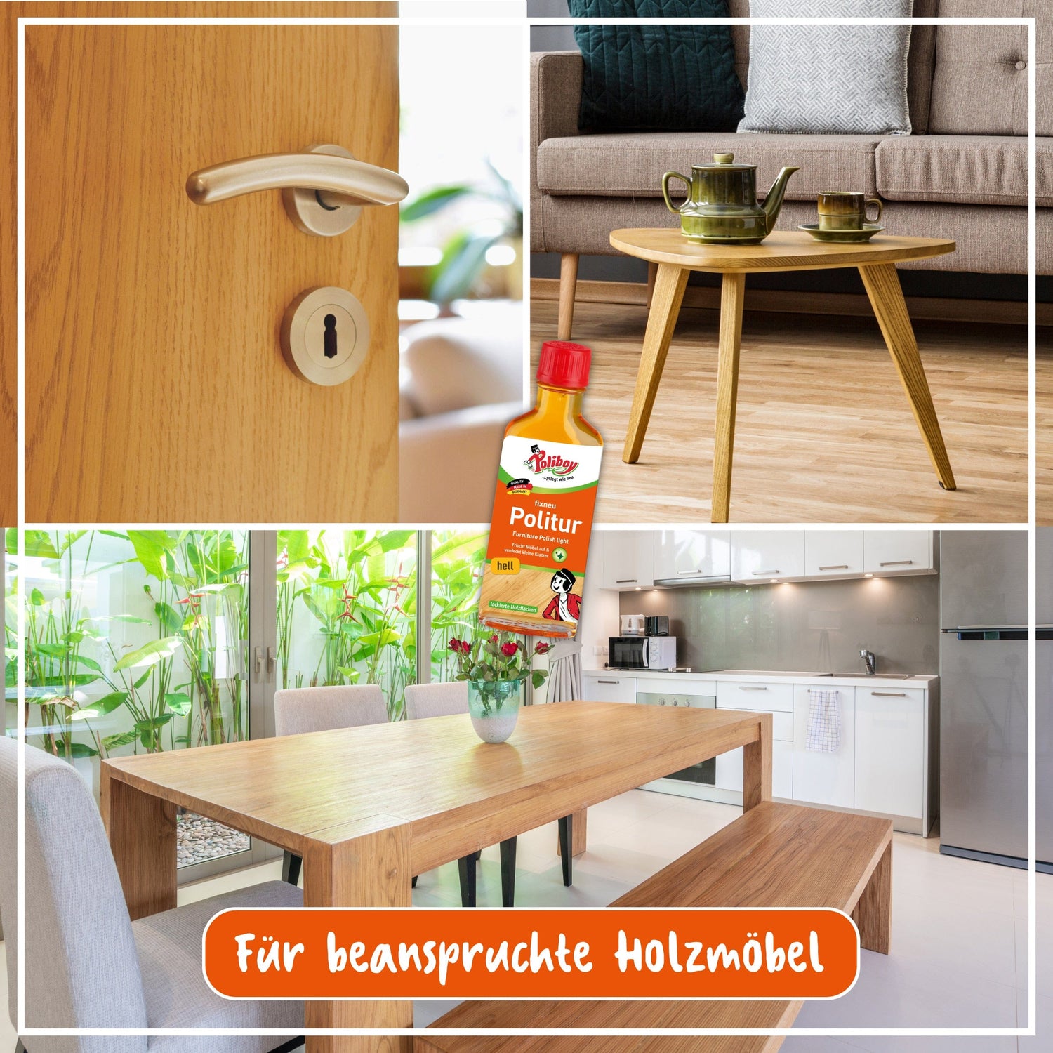 Poliboy Holz-Politur für helle Möbel, Tisch und Türgriff pflegen mit glänzendem Finish. Ideal für beanspruchte Holzoberflächen.