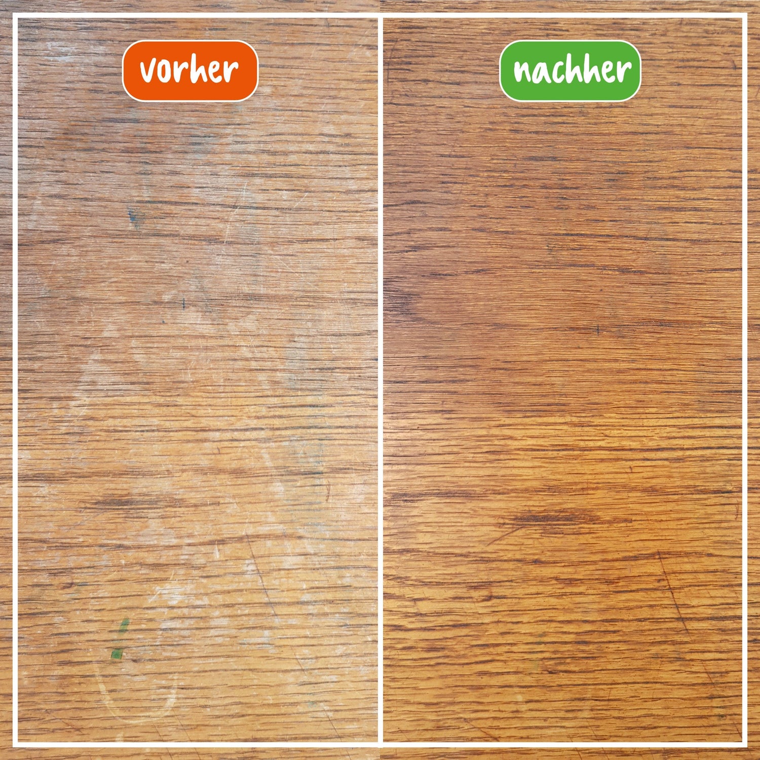 Vorher-Nachher-Vergleich von hellen Holzmöbeln mit Poliboy fixneu Holz Politur, zeigt effektive Reinigung und Farbauffrischung.