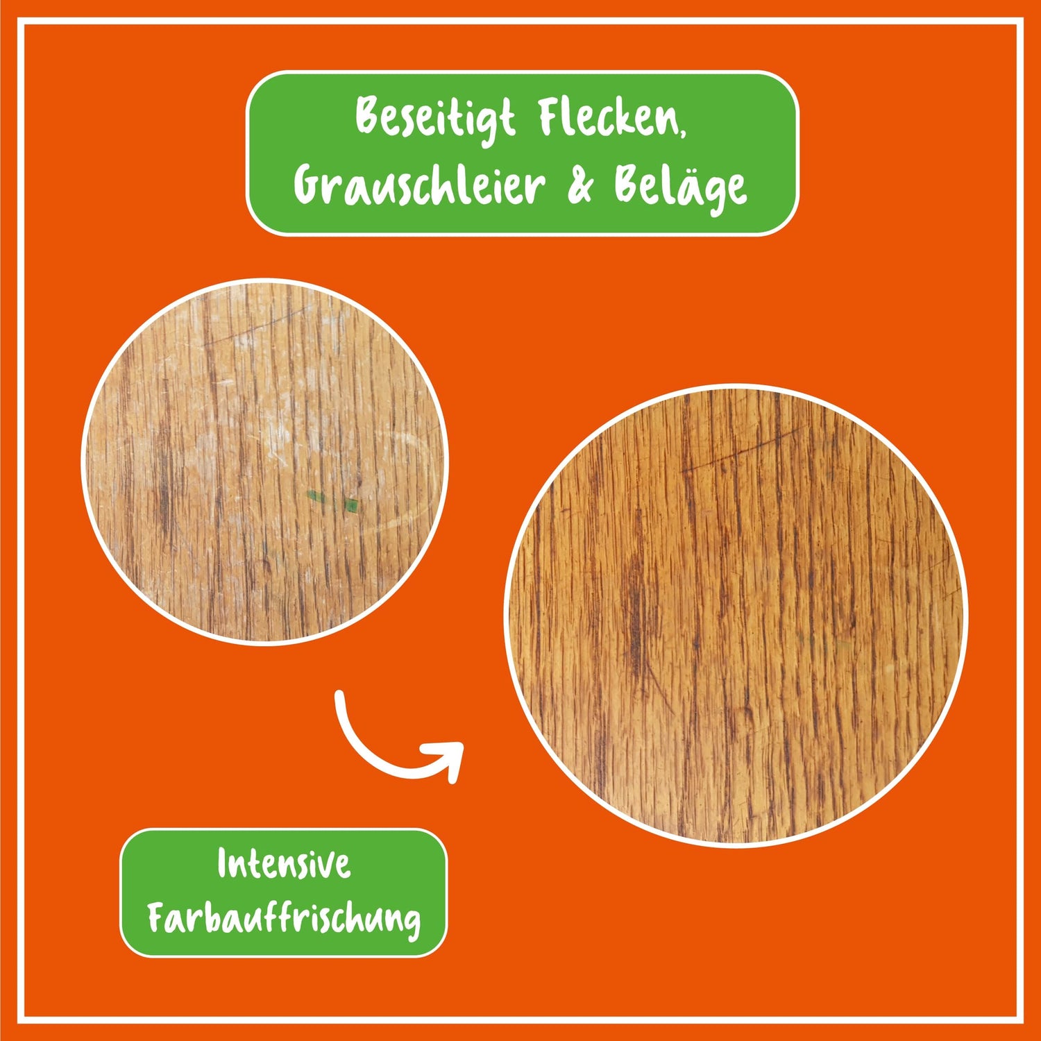 Vergleich von Holzoberflächen mit und ohne Poliboy fixneu Holz Politur, zeigt Fleckenentfernung und intensive Farbauffrischung.