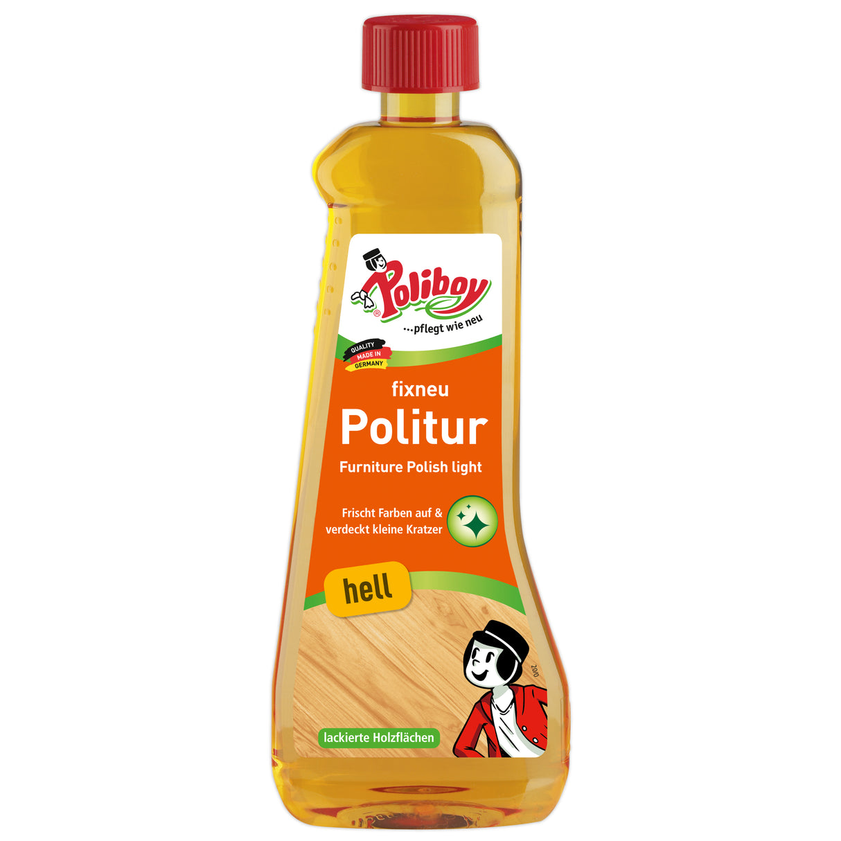 Poliboy fixneu Möbelpolitur hell für lackierte Holzflächen, entfernt Flecken und frischt Farben auf.