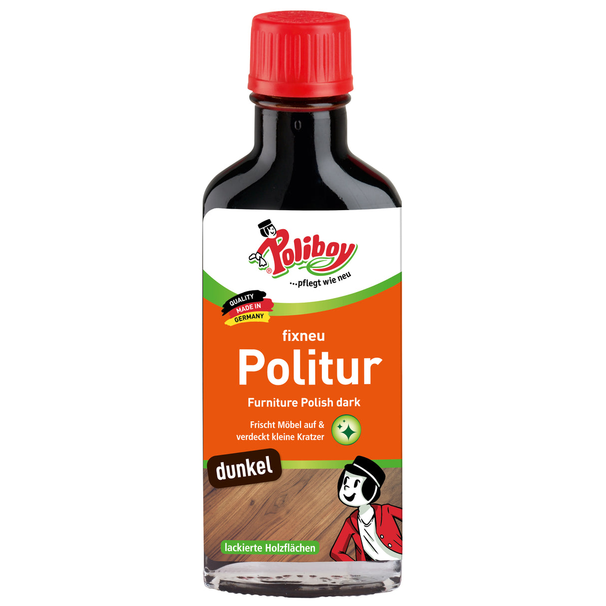 Poliboy fixneu Politur dunkel für dunkle Holzoberflächen, integriert mit pflegenden Ölen und stark reinigender Wirkung.