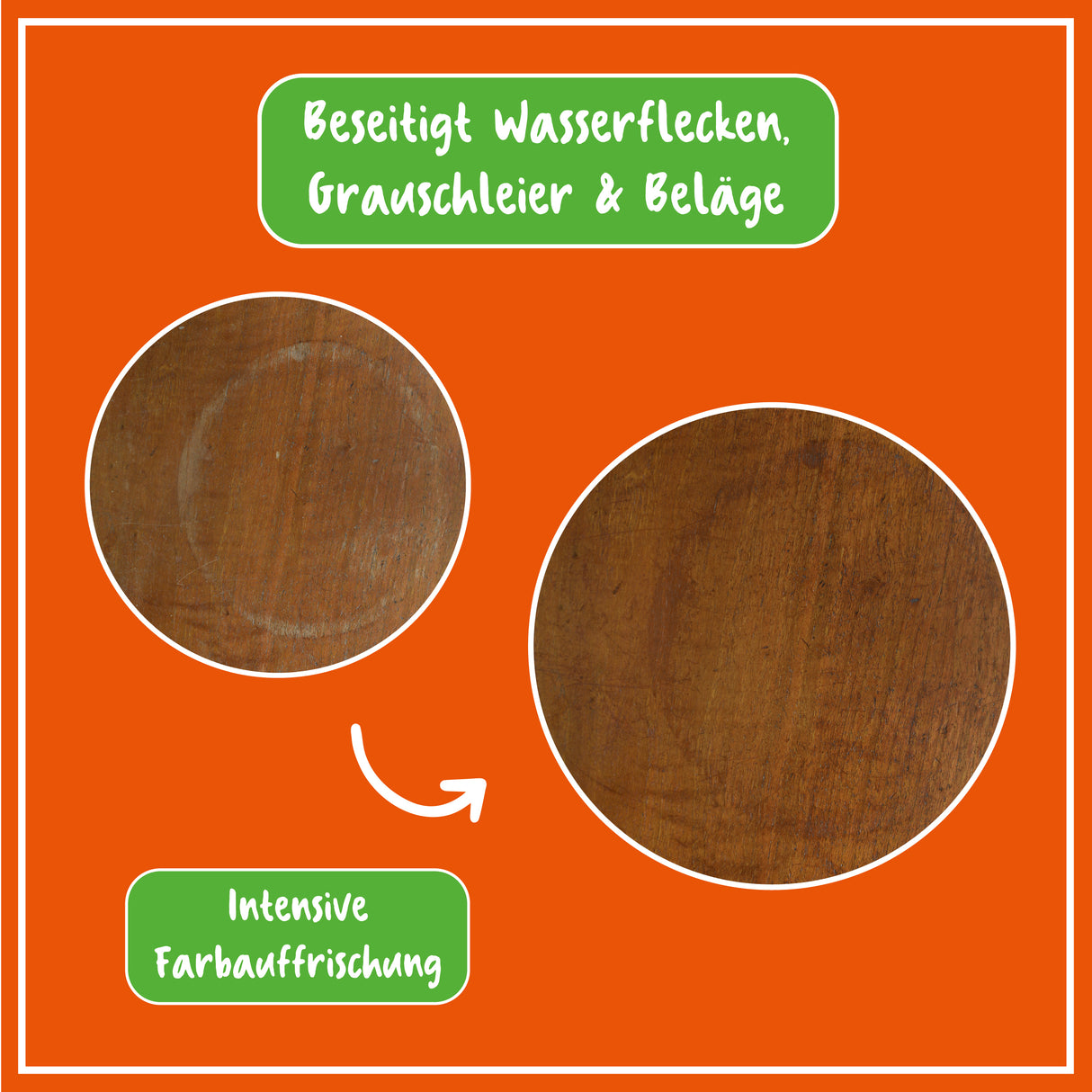 Vergleich von dunklem Holz vor und nach Poliboy Politur mit Wasserfleckenentfernung und Farbauffrischung.