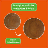 Vergleich von dunklem Holz vor und nach Poliboy Politur mit Wasserfleckenentfernung und Farbauffrischung.