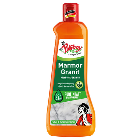 Flasche Poliboy Marmor Granit Pflege für natürlichen Glanz und Langzeitschutz von Marmorböden und Granitflächen.
