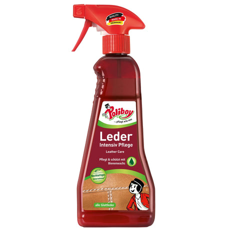 Poliboy Leder Intensiv Pflege Flasche für glattes und genarbtes Leder, enthält Bienenwachs für Schutz und Pflege in Rot.