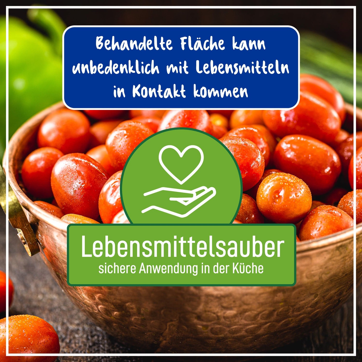 Kupferküchengefäß mit Tomaten, sicher für Lebensmittelkontakt, Poliboy Pflegehinweis, lebensmittelsauberes Produkt.