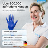 ARNOMED Einweghandschuhe Nitril Blau (Ocean Blue) in Aktion mit zufriedener Kundin und Informationen zu Qualität und Verwendung.