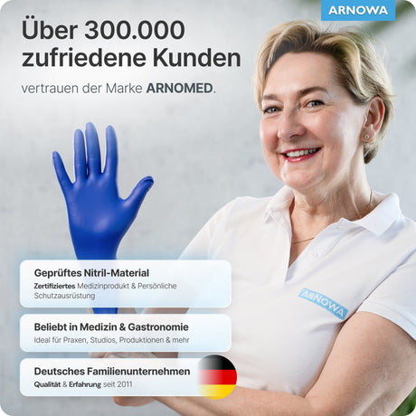 ARNOMED Einweghandschuhe Nitril Blau (Ocean Blue) in Aktion mit zufriedener Kundin und Informationen zu Qualität und Verwendung.