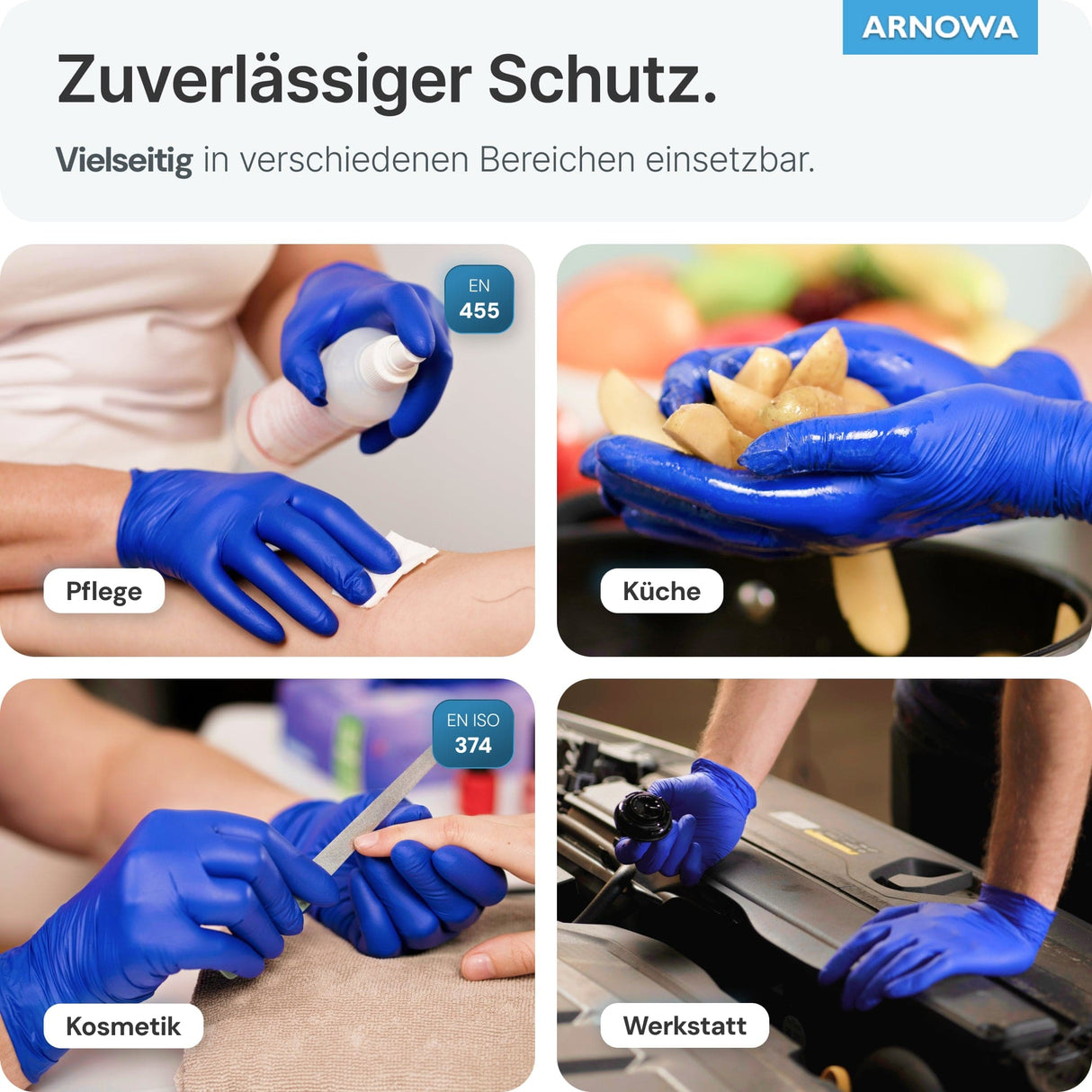 ARNOMED Einweghandschuhe Nitril Blau (Ocean Blue) in verschiedenen Anwendungsbereichen wie Pflege, Küche und Werkstatt.