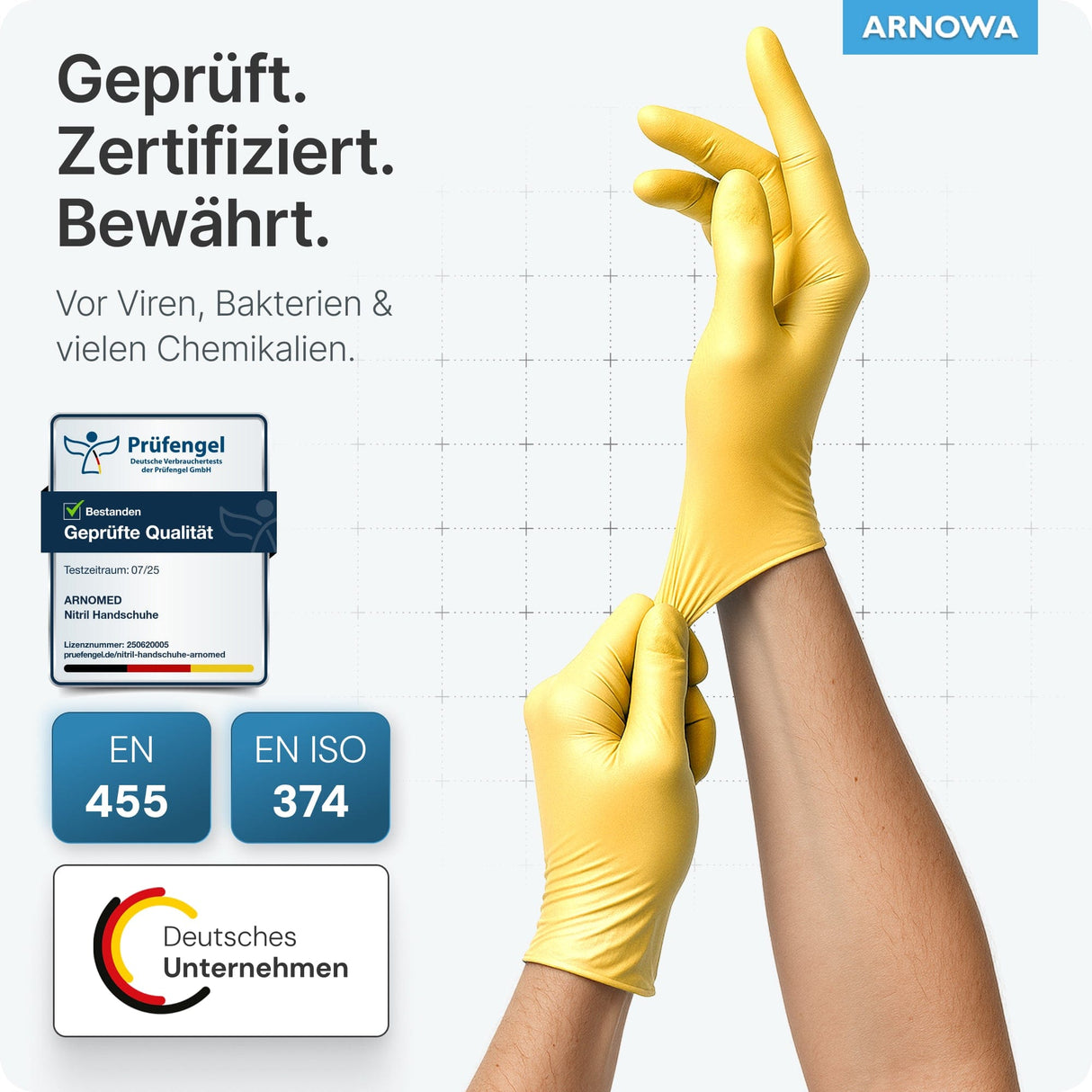 ARNOMED Einweghandschuhe Nitril Gelb (Sunflower Yellow) für zuverlässigen Schutz vor Viren und Bakterien.