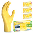 ARNOMED Einweghandschuhe Nitril Gelb (Sunflower Yellow) mit Verpackung und Handmodell, idealer Schutz und Tragekomfort.