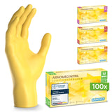 ARNOMED Einweghandschuhe Nitril Gelb (Sunflower Yellow) mit Verpackung und Handmodell, idealer Schutz und Tragekomfort.
