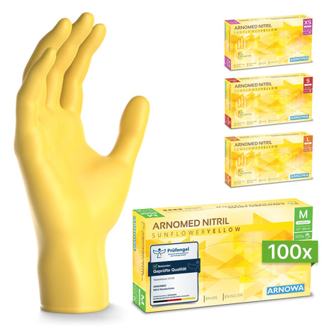 ARNOMED Einweghandschuhe Nitril Gelb (Sunflower Yellow) mit Verpackung und Handmodell, idealer Schutz und Tragekomfort.