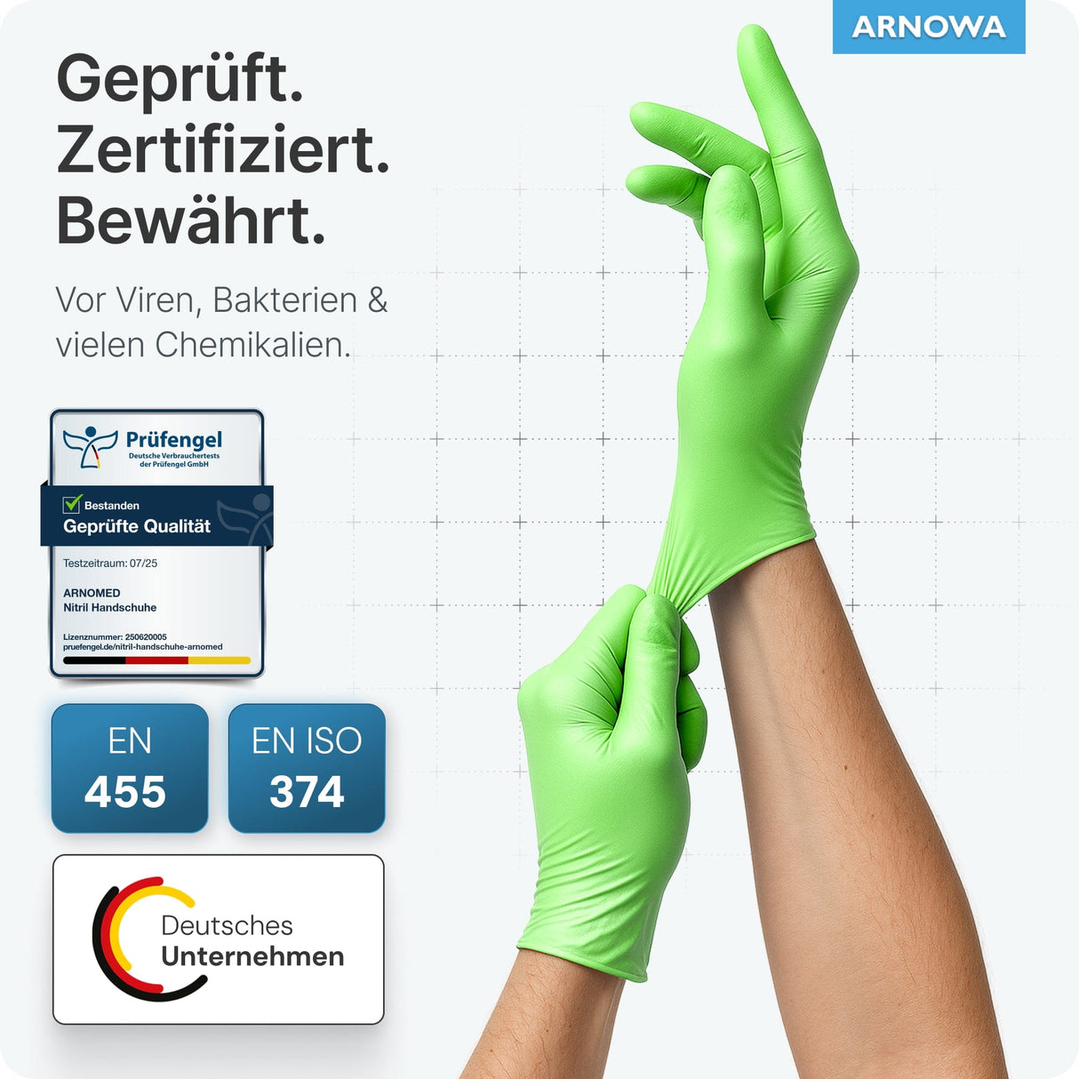 ARNOMED Einweghandschuhe Nitril Grün (Lime Green) bieten Schutz vor Viren und Bakterien, zertifiziert nach EN 455 und EN ISO 374.