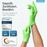 ARNOMED Einweghandschuhe Nitril Grün (Lime Green) bieten Schutz vor Viren und Bakterien, zertifiziert nach EN 455 und EN ISO 374.