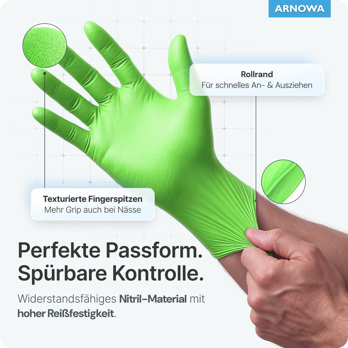 ARNOMED Einweghandschuhe Nitril Grün (Lime Green) mit texturierten Fingerspitzen für präzises Arbeiten.
