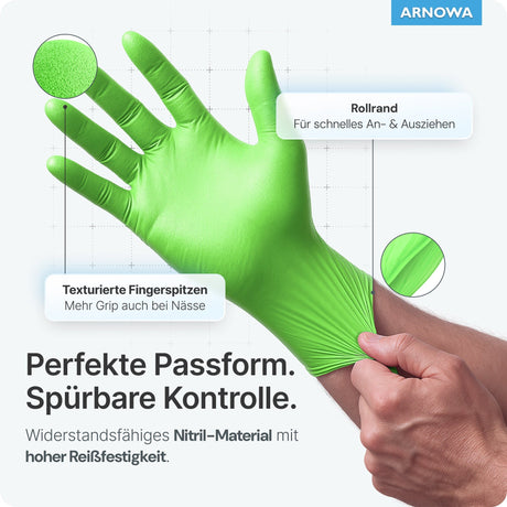 ARNOMED Einweghandschuhe Nitril Grün (Lime Green) mit texturierten Fingerspitzen für präzises Arbeiten.