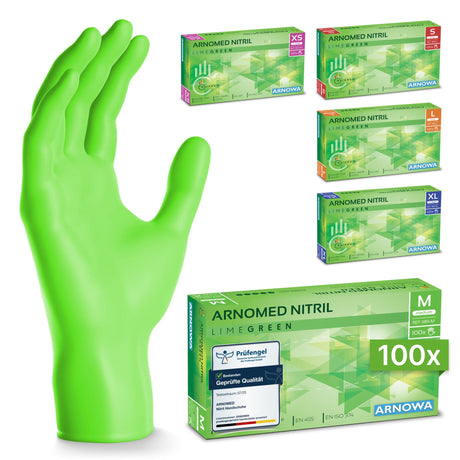ARNOMED Einweghandschuhe Nitril Grün (Lime Green) in der Box mit 100 Stück, handgezeigt für hochwertigen Schutz.