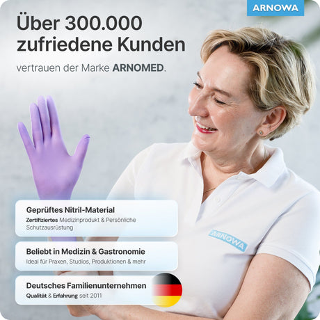 ARNOMED Einweghandschuhe Nitril Lila (Lavender Violet) – zufriedene Kunden, geprüftes Nitril-Material, ideal für Gastronomie und Medizin.