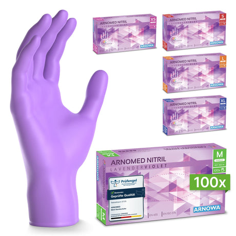 ARNOMED Einweghandschuhe Nitril Lila (Lavender Violet) in einer Packung mit einem lilafarbenen Handschuh und verschiedenen Größen.