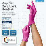 ARNOMED Einweghandschuhe Nitril Pink (Magnolia Pink) mit geprüfter Qualität und zertifiziertem Schutz vor Viren und Bakterien.