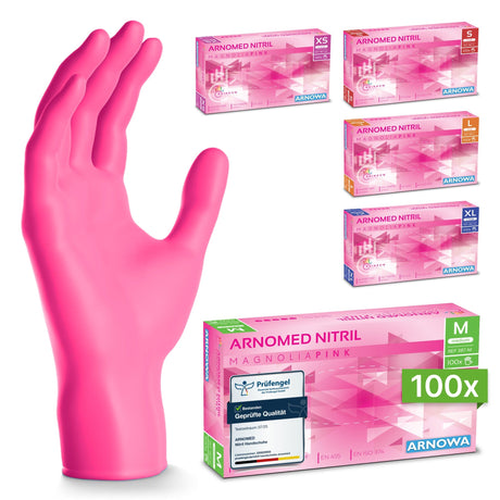 ARNOMED Einweghandschuhe Nitril Pink (Magnolia Pink) in verschiedenen Größen mit Packung für 100 Stück.
