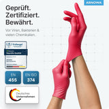 ARNOMED Einweghandschuhe Nitril Rot (Lava Red) - geprüft, zertifiziert, und bewährt gegen Viren und Chemikalien.